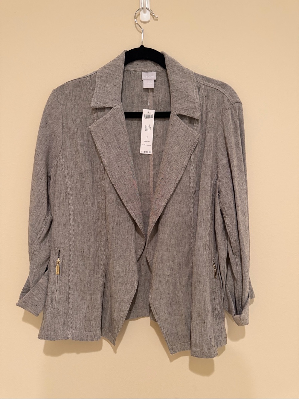 Chico’s NWT Taupe/Grey linen blend jacket and pants set.